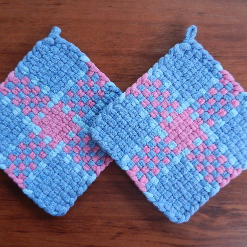 Set of 2 Handmade Artisan Cotton Woven Loomed Potholders Hot Pads Trivets